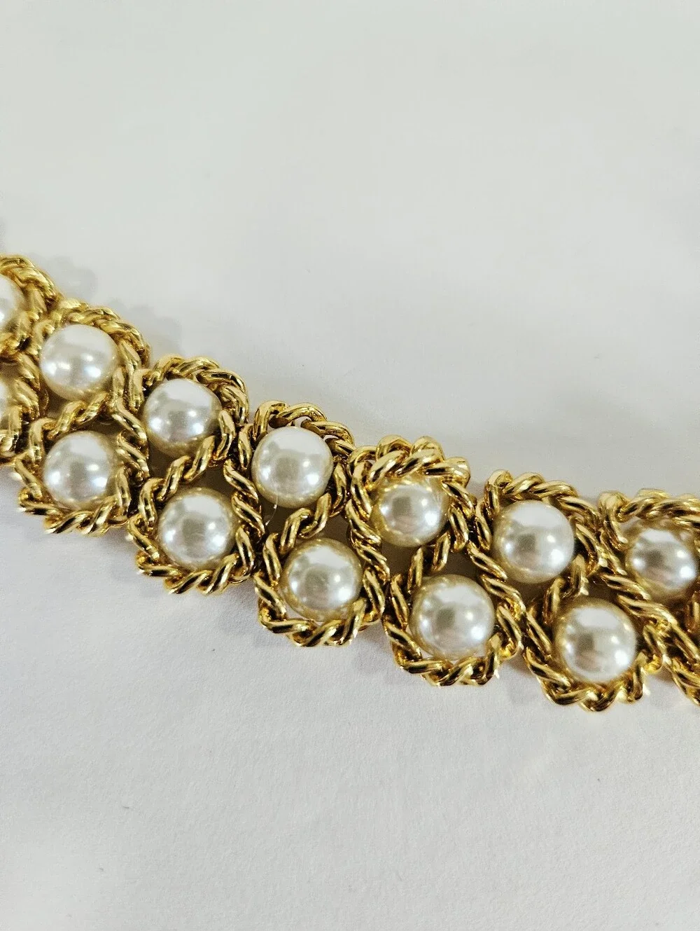 Vintage Gold Tone Double Row Faux Pearl Textured Twist Chain Linked Metal Belt
